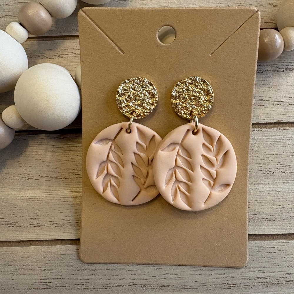 Handmade Blush Pink Leaf-Embossed Earrings with Gold Studs Textured Boho Jewelry